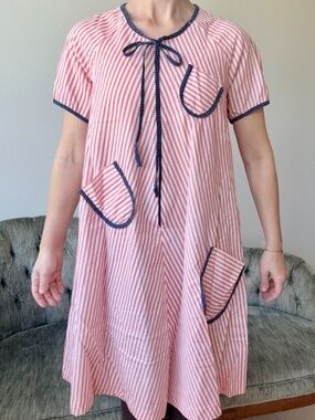 Vintage Montgomery Ward Zip Front House Dress Red Stripe Pockets 14 Americana